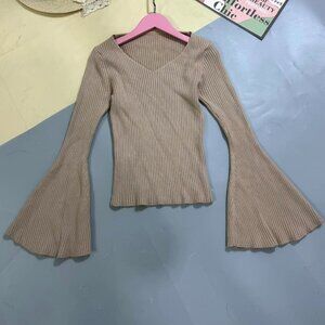 Beige Ribbed Knit Bell Sleeve Sweetheart Top Trendy Boho Tee